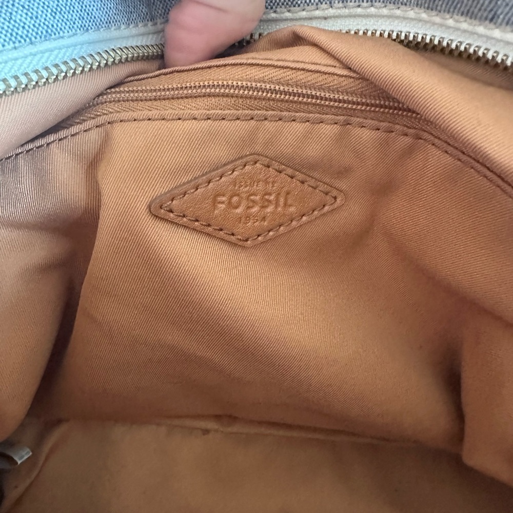 Fossil Blue and White Striped Tote with Brown Leather Straps - Picture 8 of 10